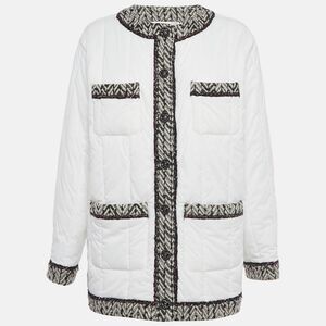 Chanel White Tweed Trim Nylon Puffer Jacket Xl